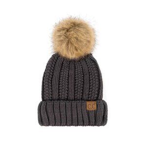 C.C Thick Cable Knit Faux Fuzzy Fur Pom Fleece Lined Cuff Grey Beanie Hat Winter